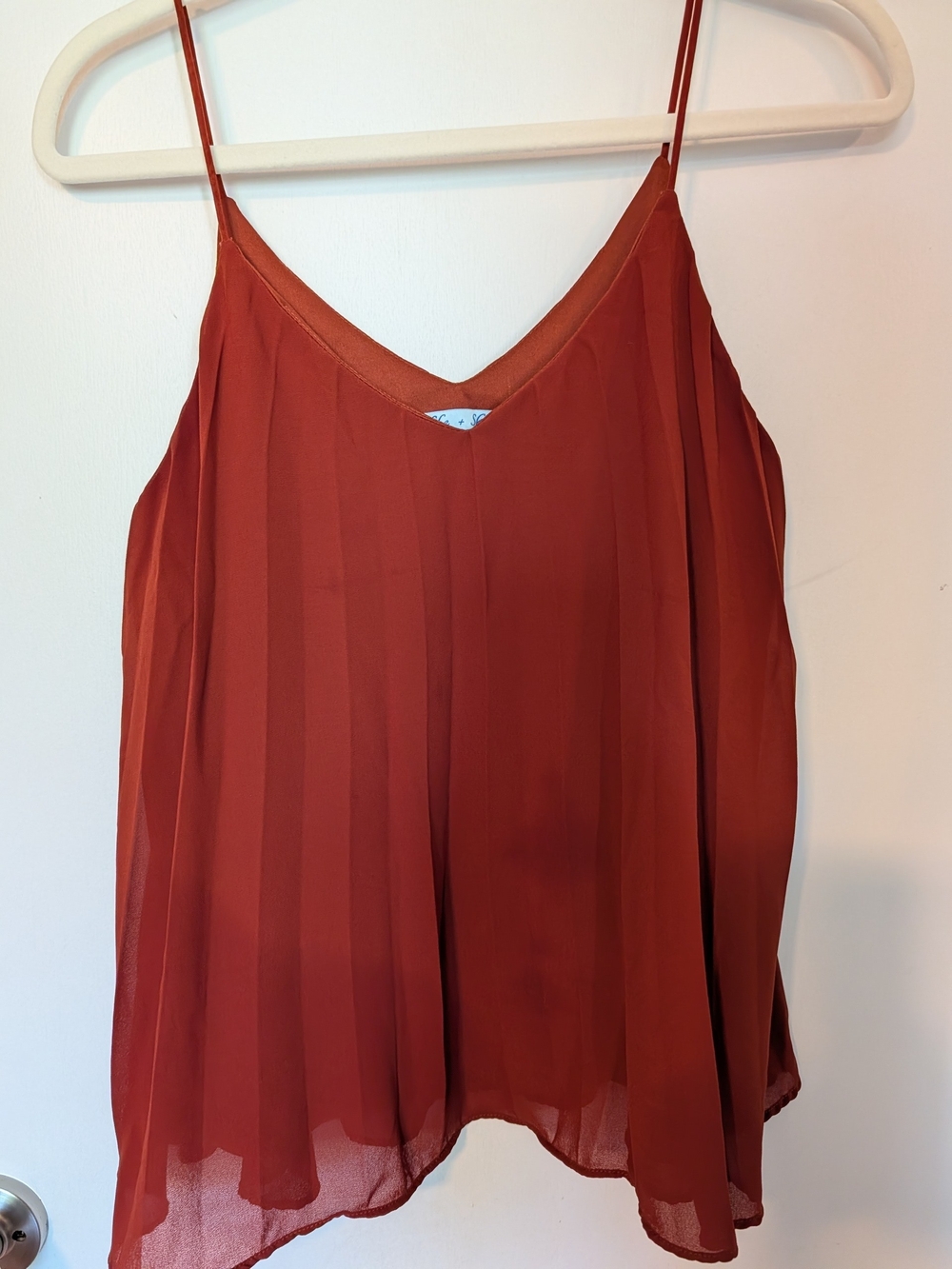 She + Sky Rust Red Pleated V-Neck Spaghetti Strap Camisole